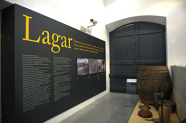 Entrada do lagar e alguns utensilios tradicionalmente utlizados no processamento do vinho - Museu do Vinho e da Vinha